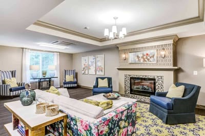 Comfortable common area with seating and fireplace