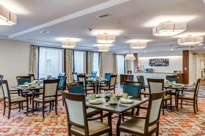 Bright dining room set up for residents