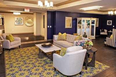 Common area with seating and vibrant decor