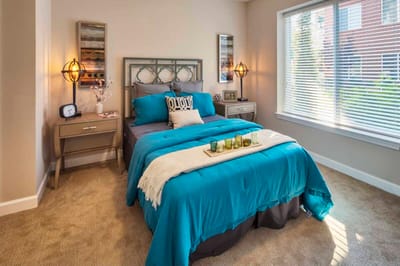 Cozy decorated bedroom in an assisted living facility