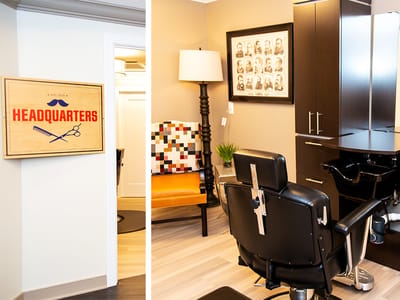 Interior of a salon with stylish decor and a cutting chair