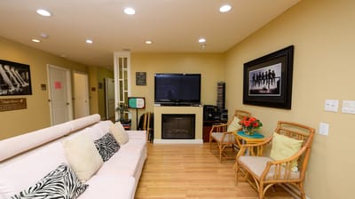Cozy common area with a fireplace and seating
