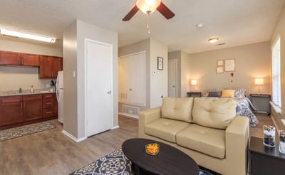 Cozy interior of a resident room with kitchenette