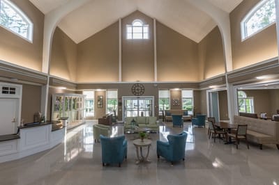 Bright and spacious common area with seating