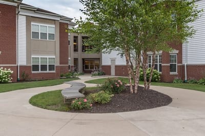 Outdoor pathway with landscaping in a residential area