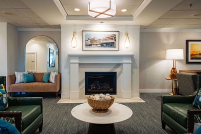 Cozy common area with seating and fireplace