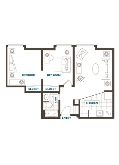 Architectural floor plan of a two-bedroom unit