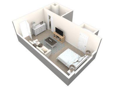 A 3D rendering of a spacious living room layout