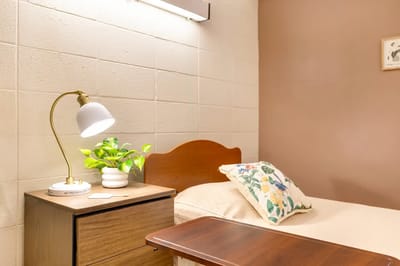 Cozy private resident room with a bedside lamp and plant