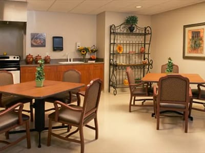Bright dining area with tables and decor