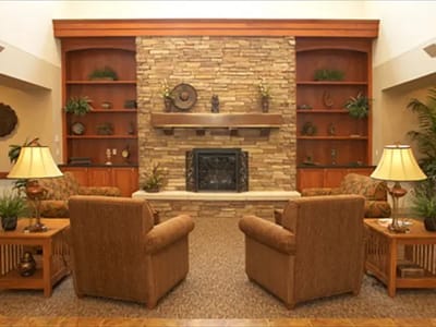 Cozy common area with seating and fireplace