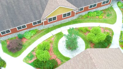 Aerial view of the facility's landscaped outdoor area