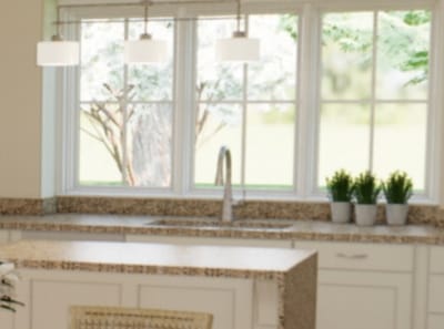 Modern kitchen with natural light and plants.