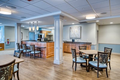 Bright and inviting common area with seating.