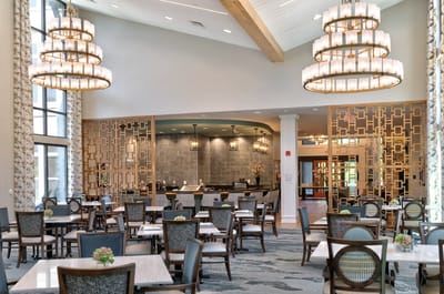 Bright dining room with modern decor and chandeliers