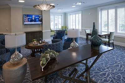 Bright common area with seating and decor