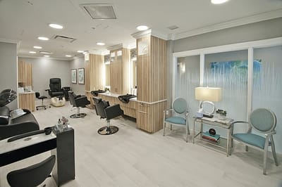 Hair salon area with modern styling stations