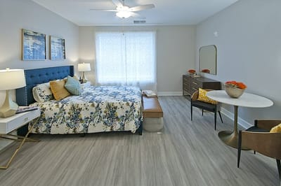 Bright and inviting resident room with floral decor
