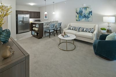Bright living area of a senior apartment with modern decor