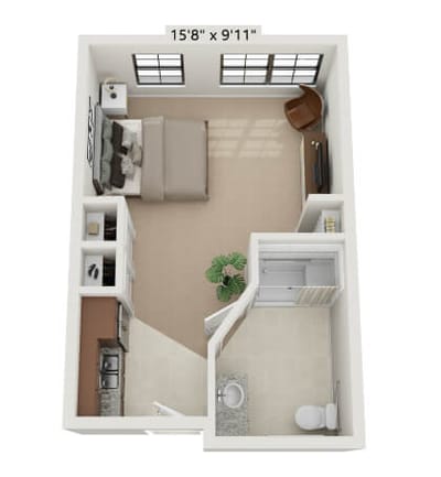 Layout of a private resident room with furnishings
