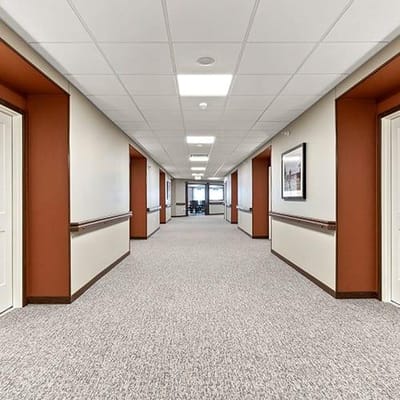 Well-lit hallway with rooms and carpeting