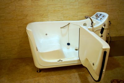 A modern therapeutic tub in a bathroom setting