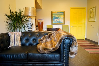Warm, inviting lounge area with cozy couch