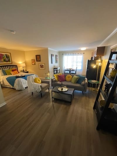 Stylish interior of a resident room with living area