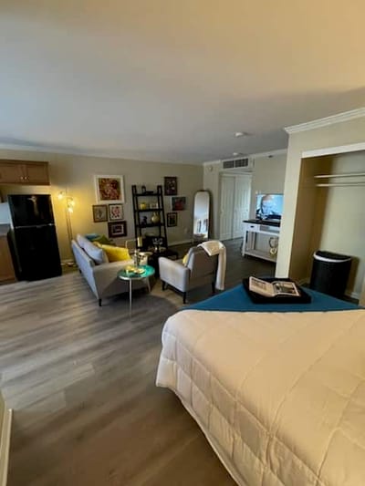 A well-furnished interior room with a living area and kitchen