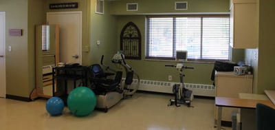 Interior exercise room with equipment and therapy balls