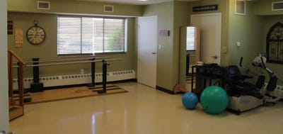 Physical therapy room with equipment and exercise balls