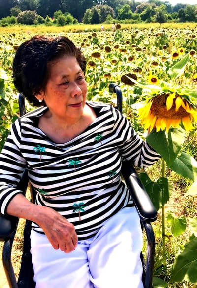 Senior woman enjoying sunflowers in a field.