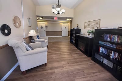 Interior view of a cozy common area in a senior living facility