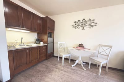 A cozy kitchen area with a table and chairs