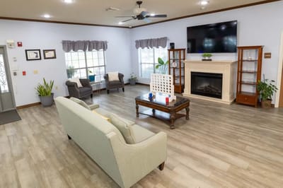 Interior common area with seating and fireplace