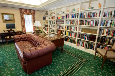 Comfortable library space with books and seating