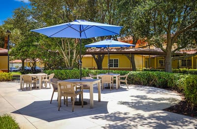 Outdoor seating area with umbrellas and tables