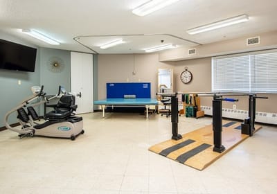 Interior exercise space with therapy equipment