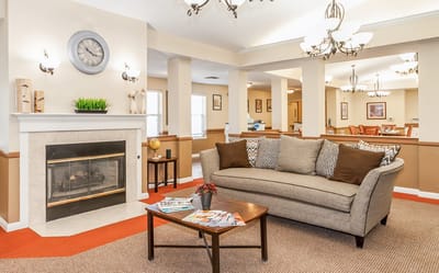 Cozy common area with seating and fireplace