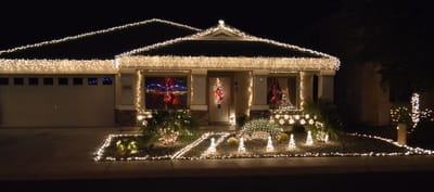 Exterior of a house decorated with holiday lights