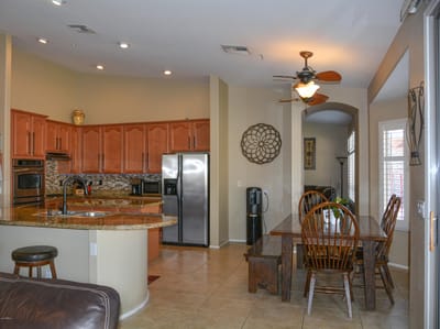 Interior view of a kitchen and dining area