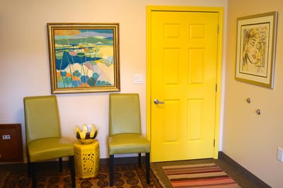 Interior view of a brightly colored waiting area