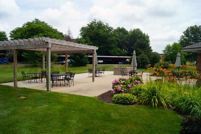Outdoor space with seating and landscaping