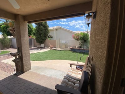 View of a landscaped outdoor space with seating