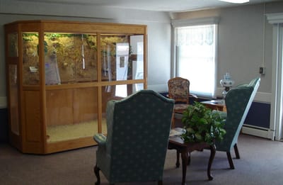 Interior common area with seating and display case