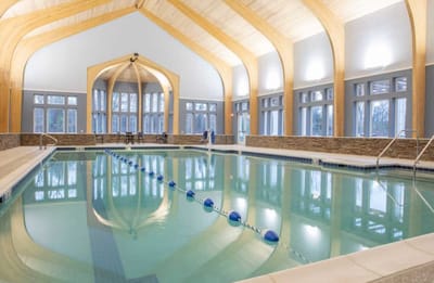 Indoor swimming pool with natural wood architecture