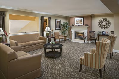 Interior common area with comfortable seating and fireplace