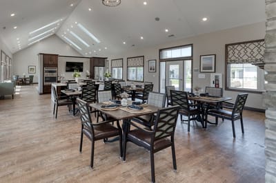 Interior view of the dining area with tables and chairs