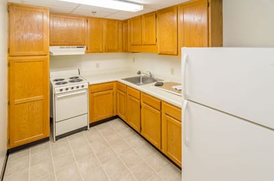 A view of a kitchen in a senior living facility