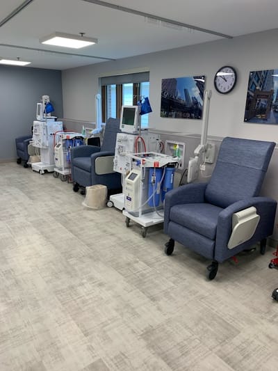Interior view of a dialysis treatment room with equipment